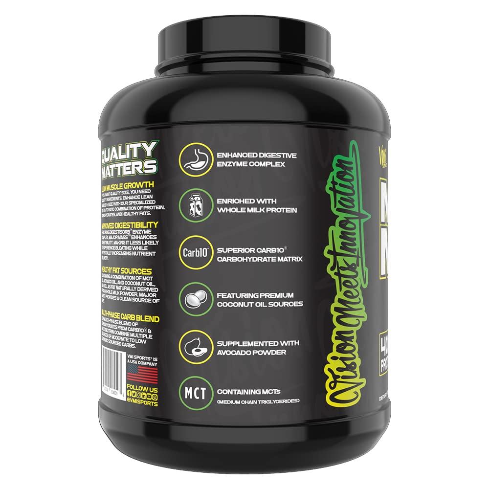 VMI Sports Major Mass scoop highlighting the balanced 20:30:10 blend for lean gains.