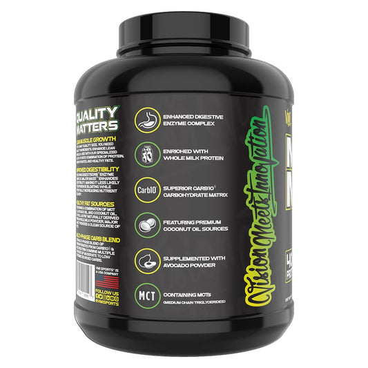 VMI Sports Major Mass scoop highlighting the balanced 20:30:10 blend for lean gains.