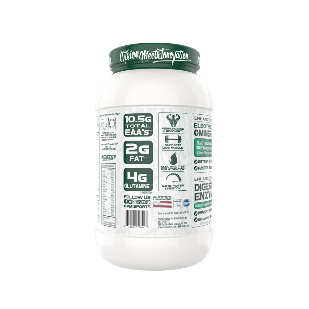 Closeup of Protolyte label showing electrolytes and enzymes for hydration.