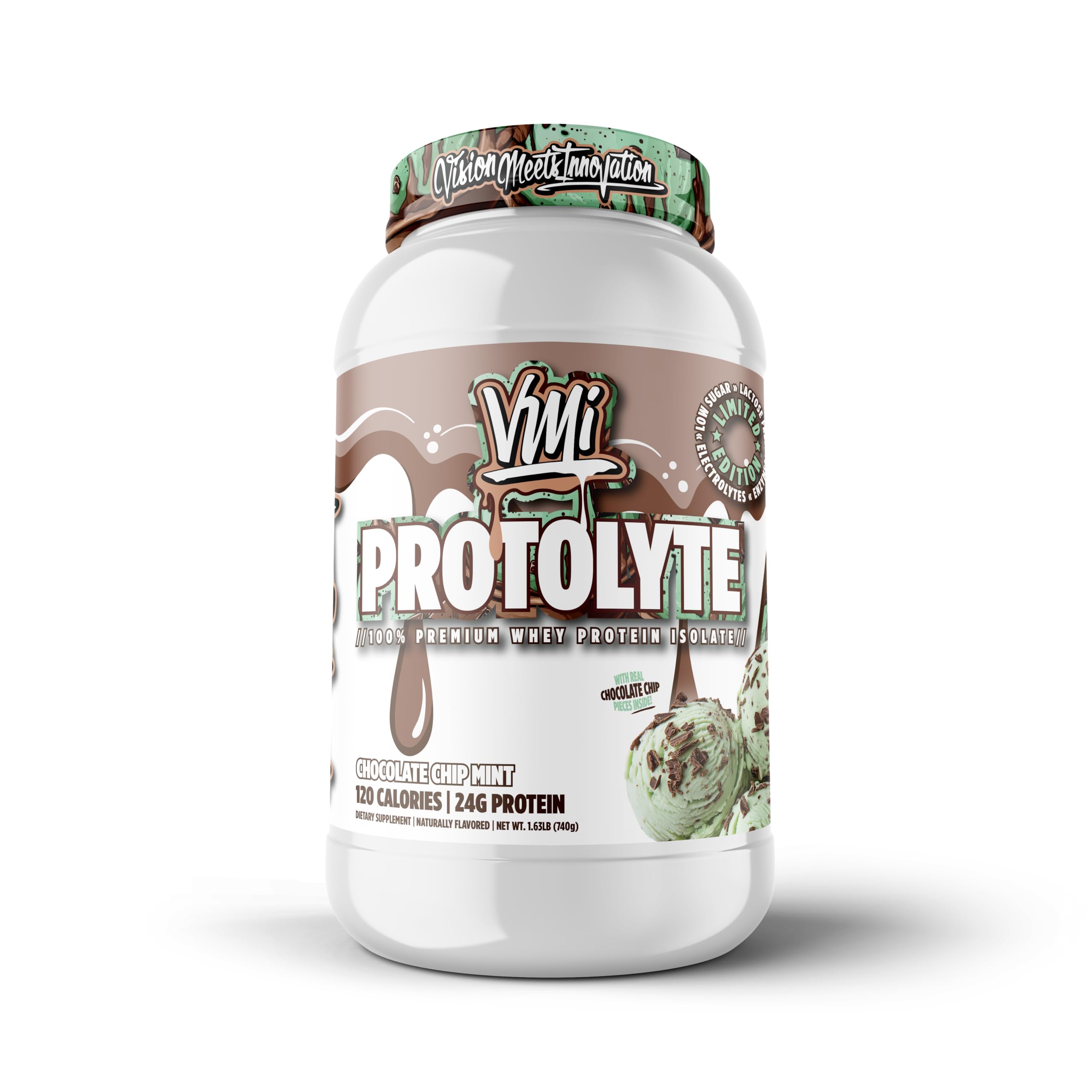 VMI Sports Protolyte mint chocolate chip bottle boosts post-workout recovery.