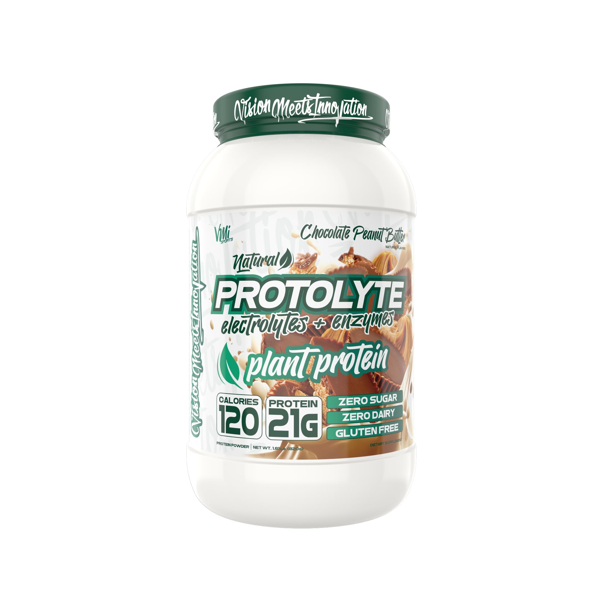 VMI Protolyte plant protein tub in Chocolate Peanut Butter flavor, ideal for post-workout refuel.