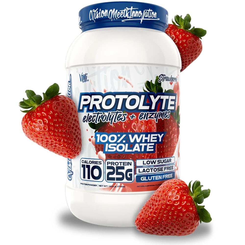 VMI Sports ProtoLyte whey isolate powder in strawberry flavor supports lean muscle.