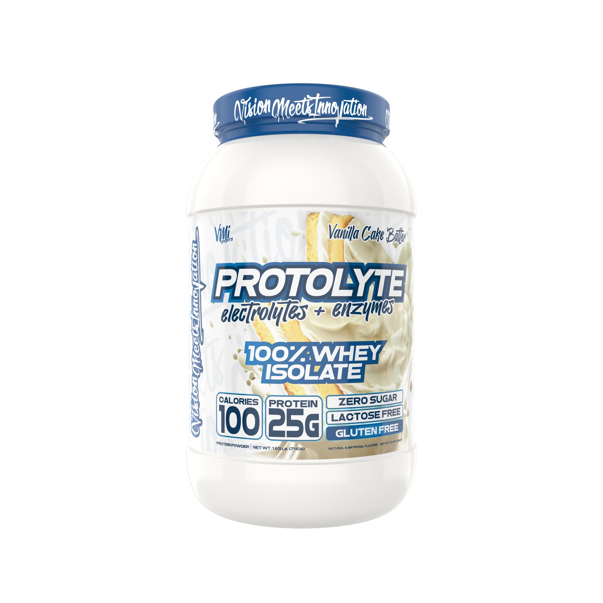 VMI ProtoLyte tub nutrition panel shows 25 g protein per serving for recovery.