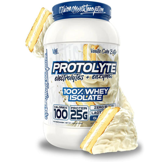 VMI Sports ProtoLyte whey isolate vanilla cake batter tub for lean muscle support.