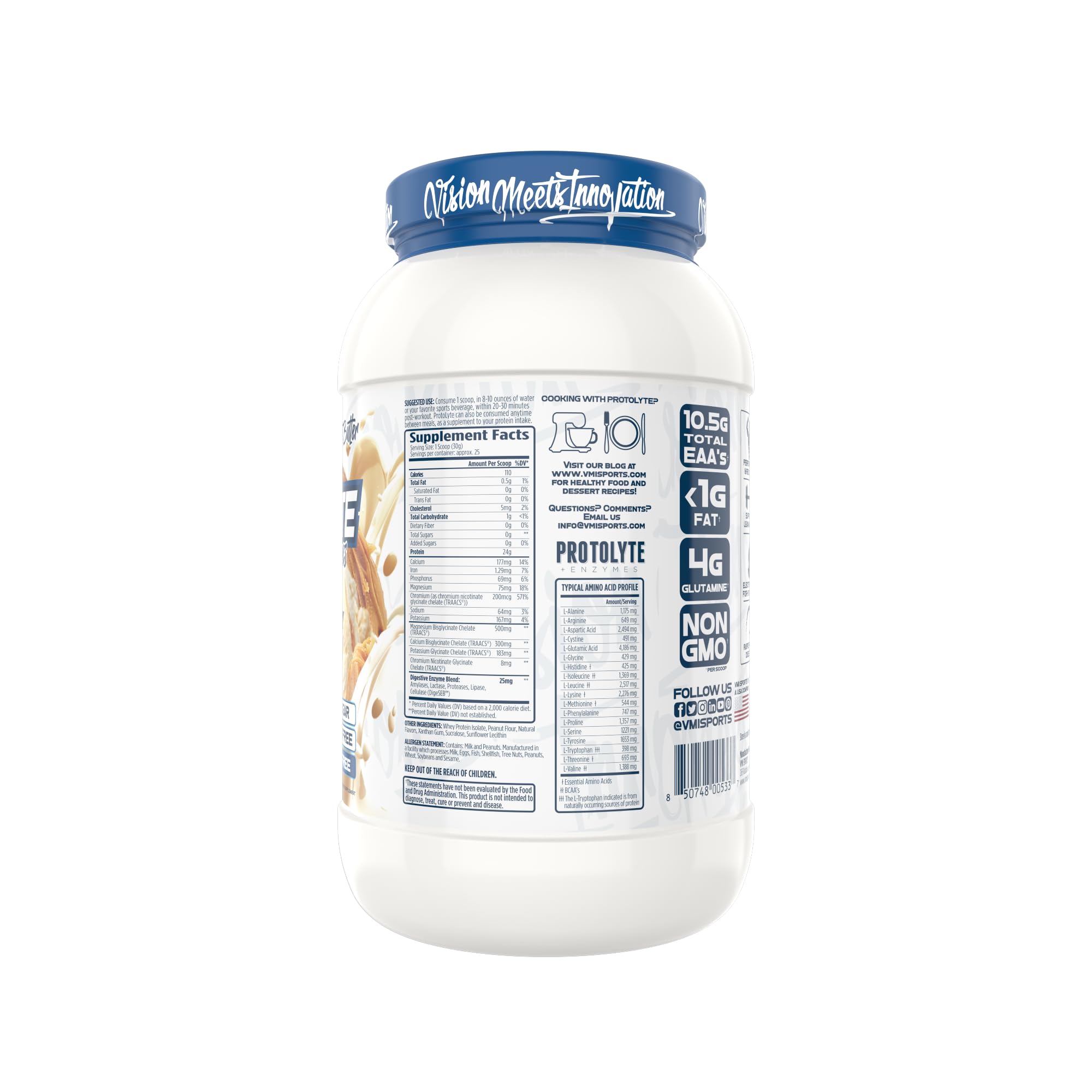 Nutrition label close-up emphasizes protein and BCAA content per serving.