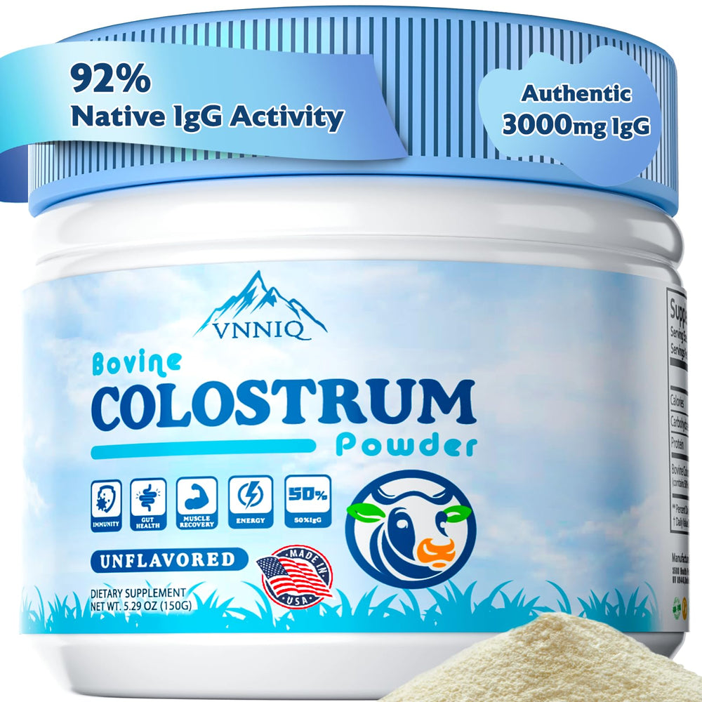 VNNIQ bovine colostrum bottle; unflavored powder designed for daily immune support and gut balance.
