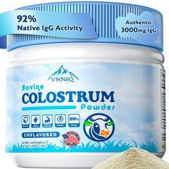 VNNIQ bovine colostrum bottle; unflavored powder designed for daily immune support and gut balance.