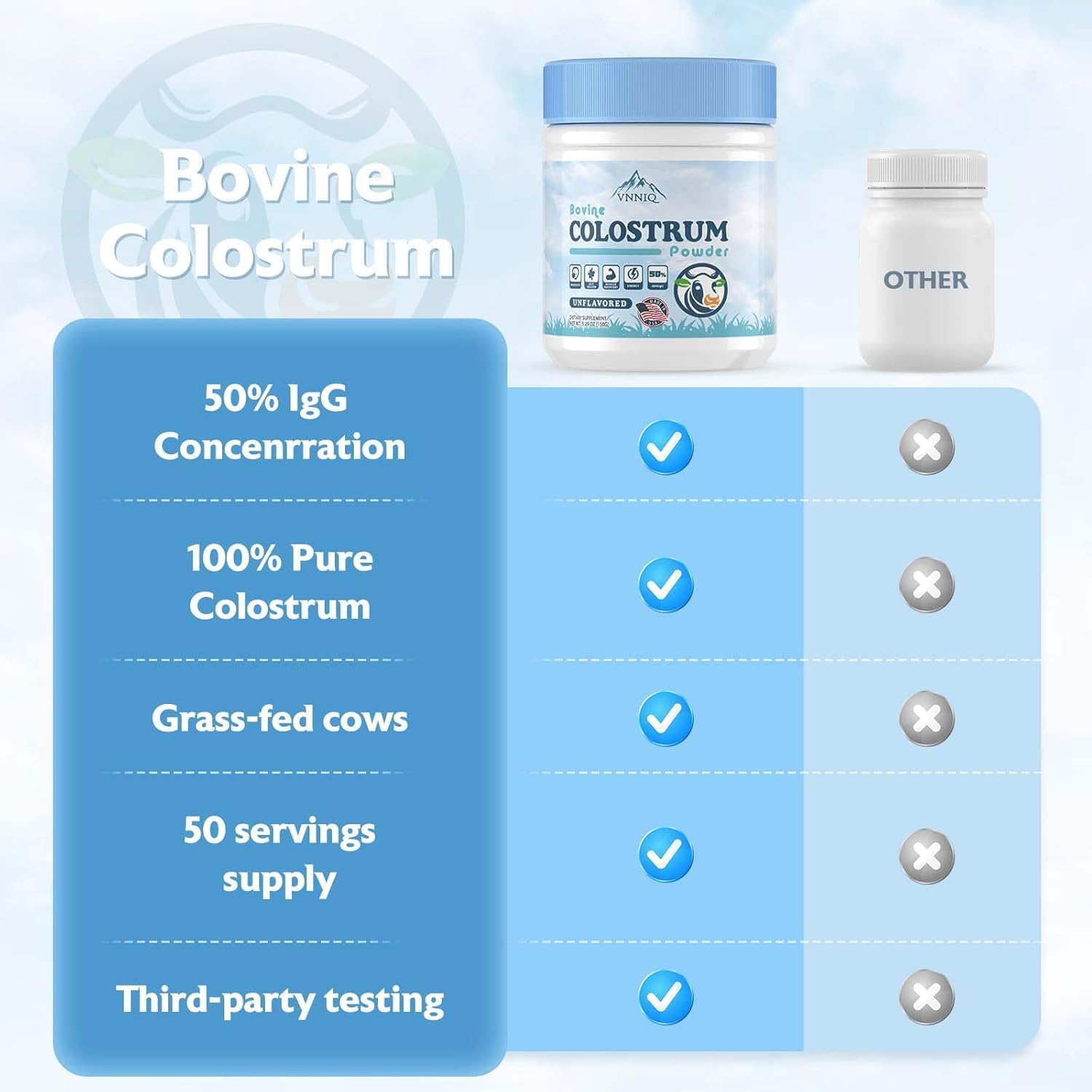 VNNIQ colostrum powder blended into smoothie; convenient gut-friendly nutrition.