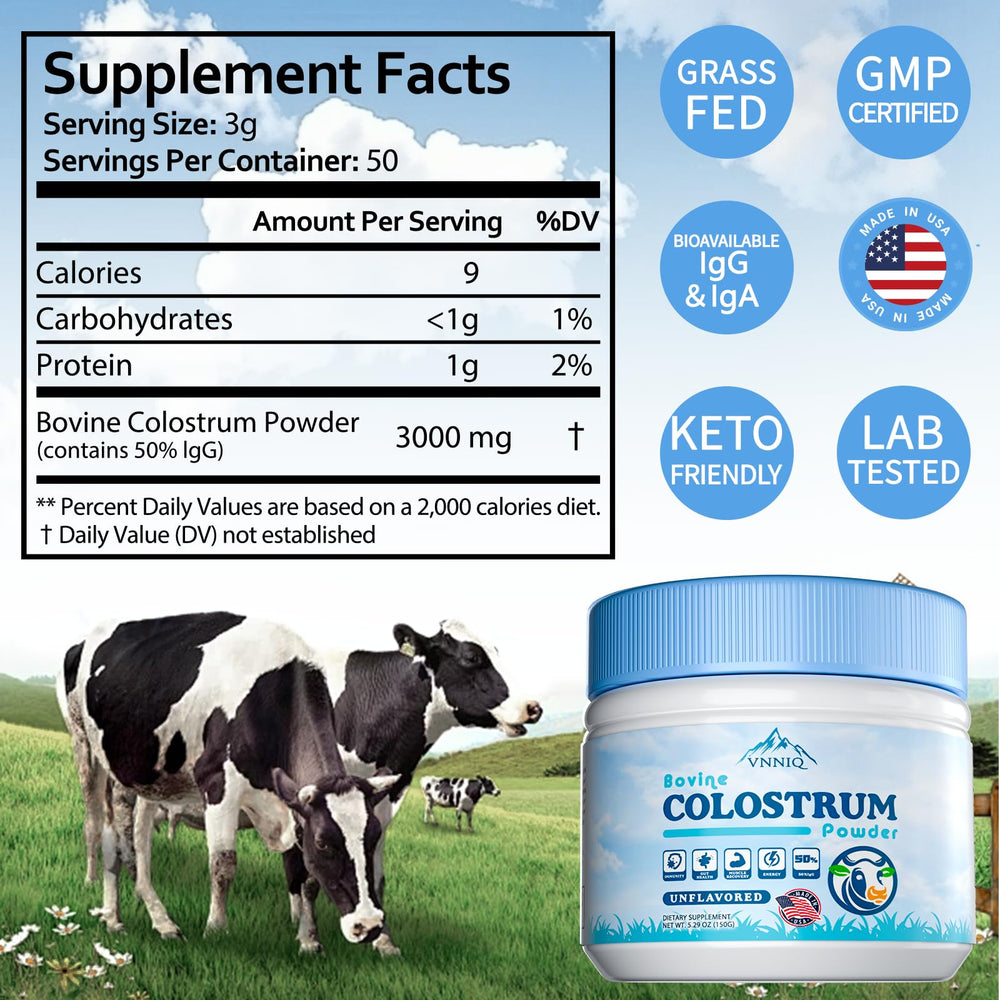 VNNIQ colostrum powder pour; easy addition to drinks for versatile immune and gut support.