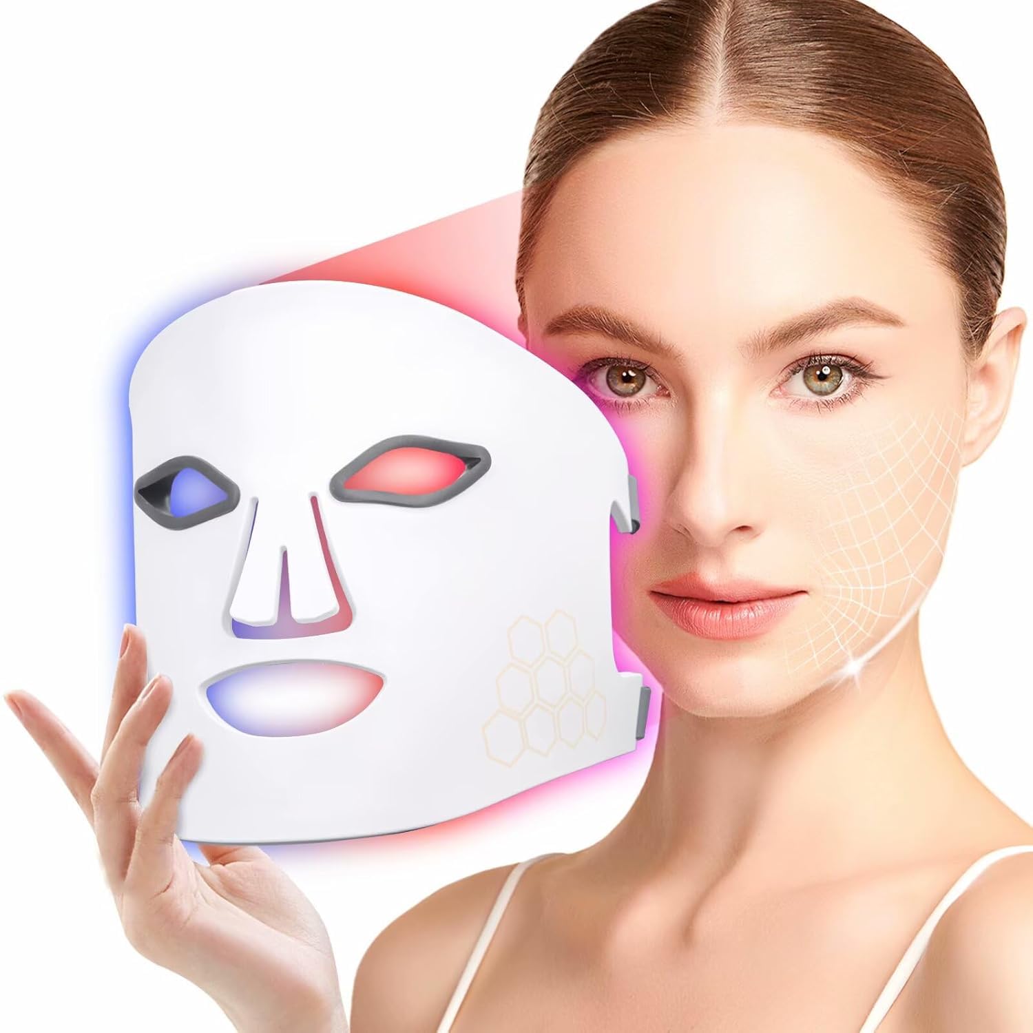 Vnvfd LED light therapy mask front view, promotes at-home facial rejuvenation and acne support