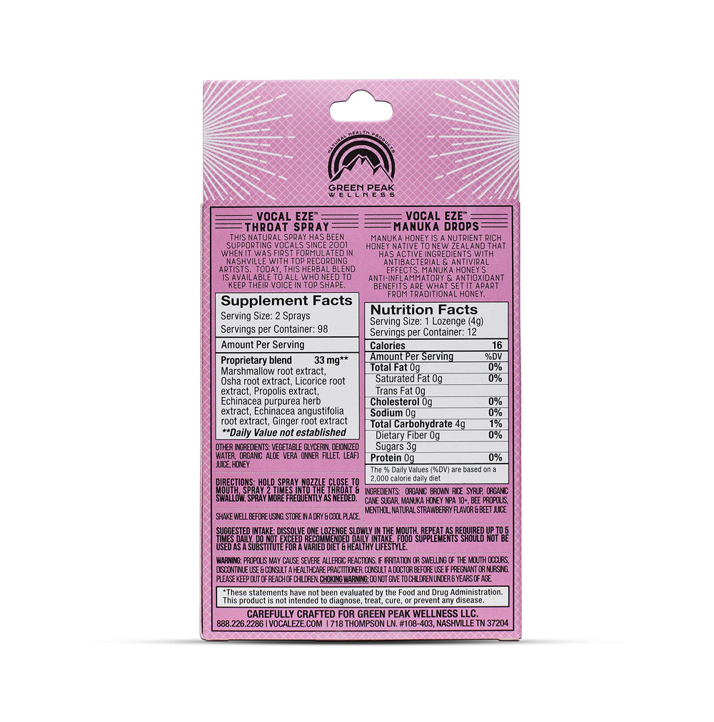 Vocal Eze strawberry honey drops offer throat moisture and gentle relief.
