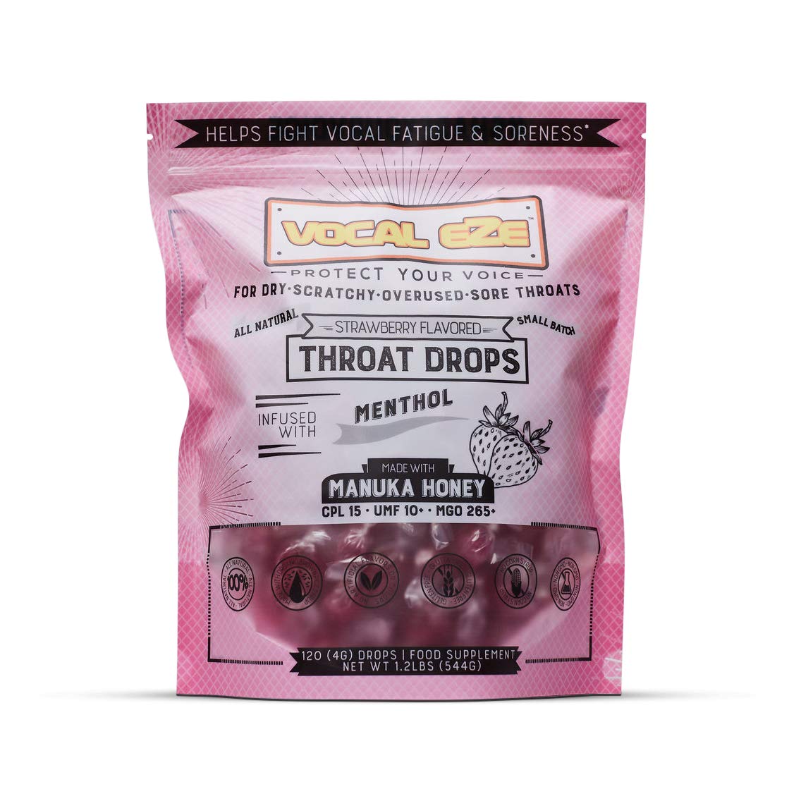 Vocal Eze Manuka Honey Strawberry drops bag front for natural throat comfort.