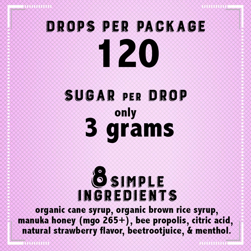 Lozenges display highlighting propolis and organic ingredients for throat nourishment.