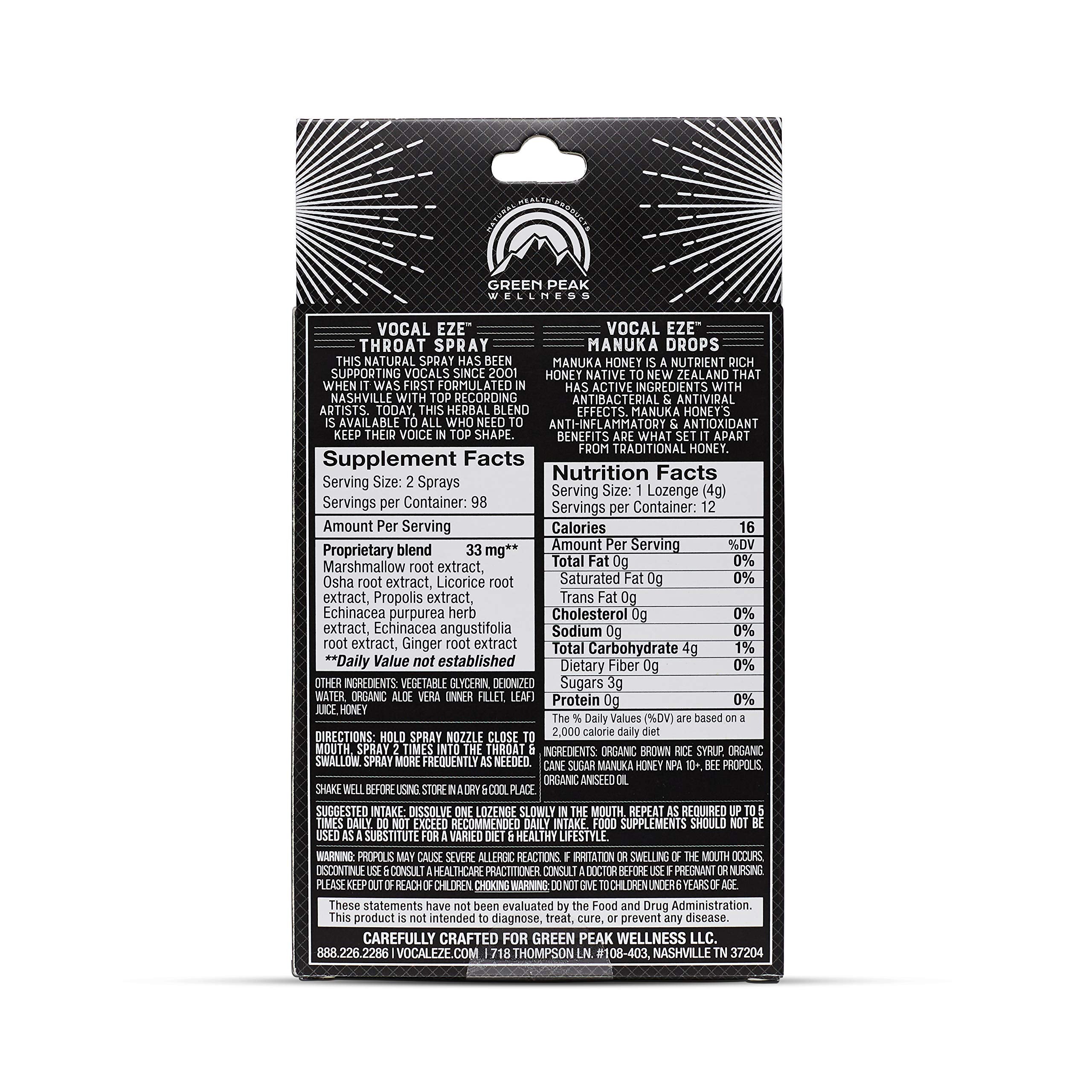Vocal Eze Throat Spray bottle close-up highlighting natural ingredients for soothing irritation.