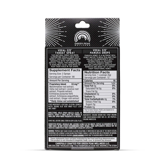 Vocal Eze Throat Spray bottle close-up highlighting natural ingredients for soothing irritation.