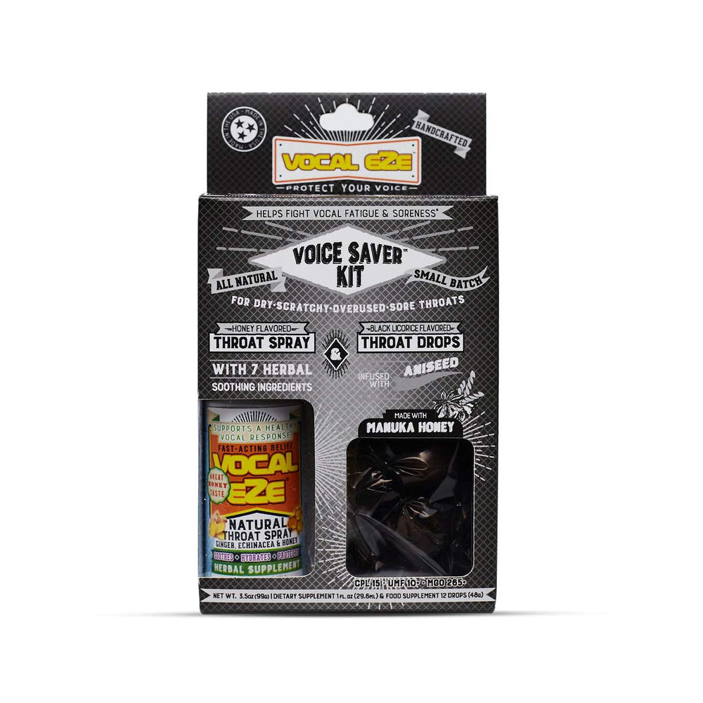 Vocal Eze Vocal Saver Kit packaging shows the set for on-the-go throat relief and vocal care.