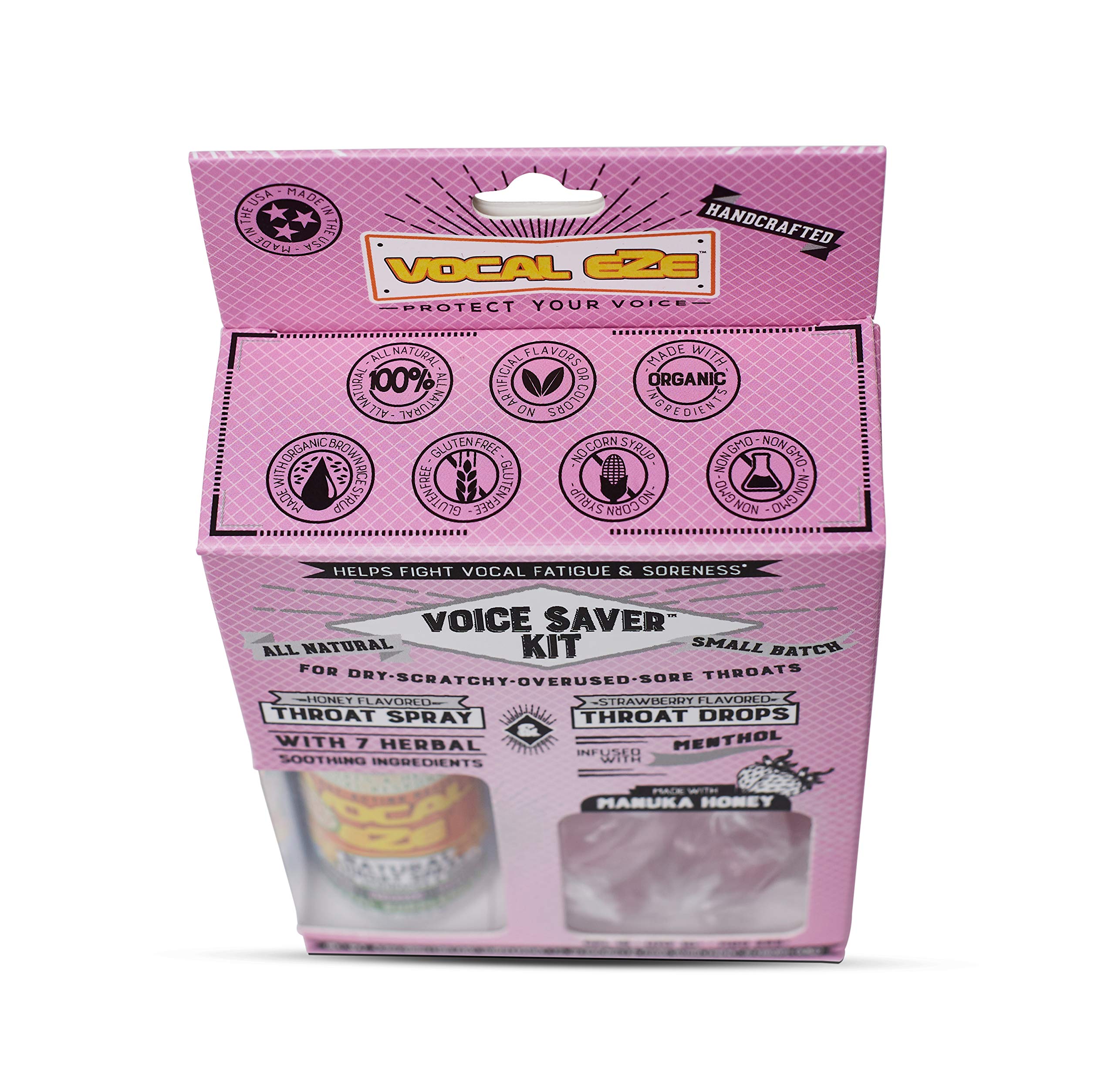 Vocal Eze Voice Saver Kit packaging shows spray and drops for on-the-go relief.