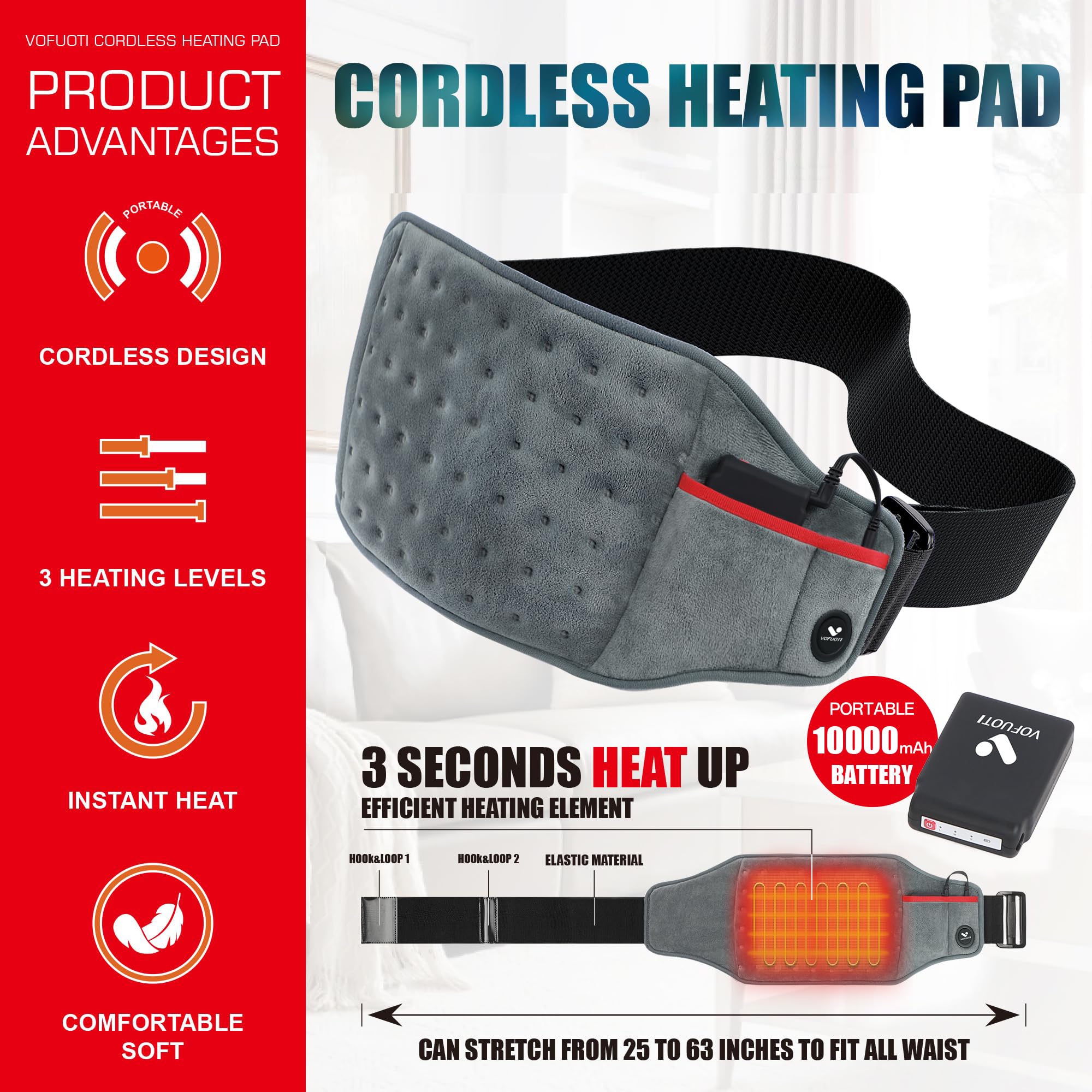 Vofuoti heating pad displaying three heat settings for customizable warmth.