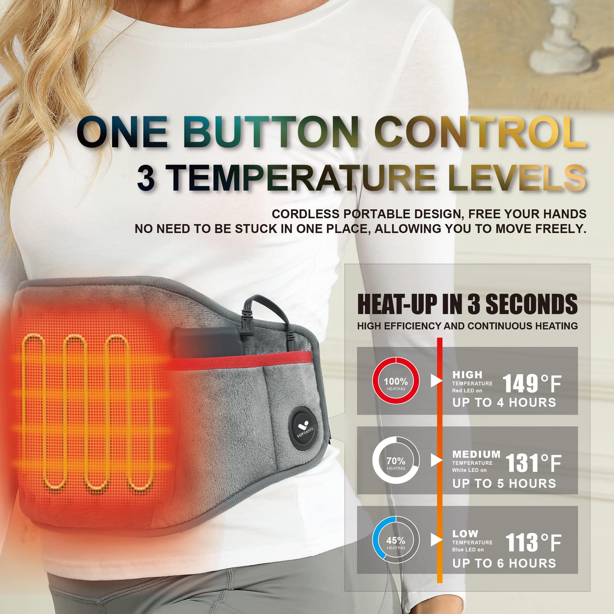 Vofuoti heating pad strap extended for secure wear during activity.