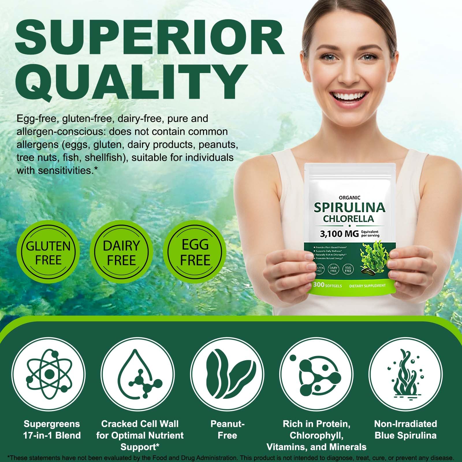 VOGSIG Spirulina Chlorella capsules highlighting chlorophyll-rich blend and vitality.