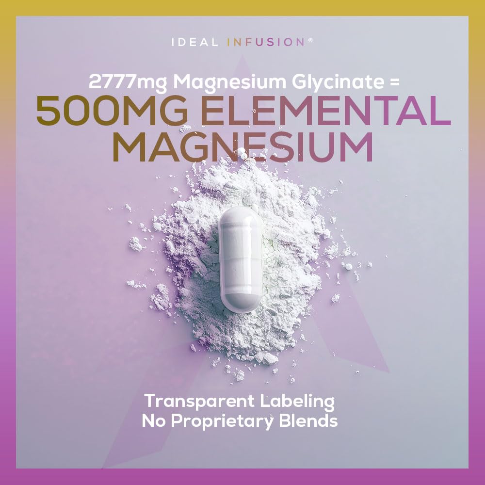 Ideal Infusion magnesium glycinate capsules imply gentle digestion and high bioavailability.