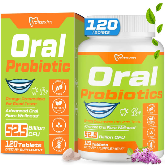 Voltexim oral probiotics bottle showing 50B CFU for fresh breath support.