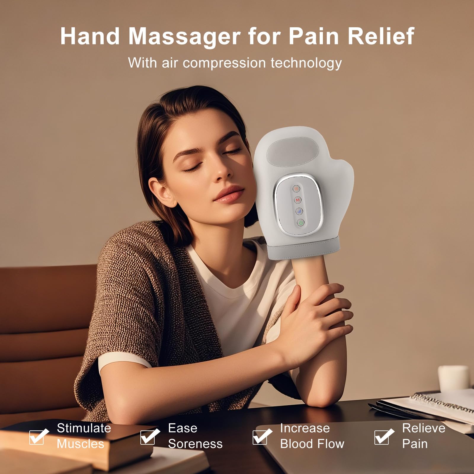 Voluart Hand Massager in use delivers warm, targeted relief after typing sessions