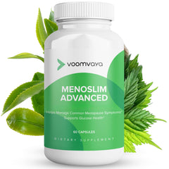 VoomVaya MenoSlim bottle closeup showing easy, twice-daily menopause support use.