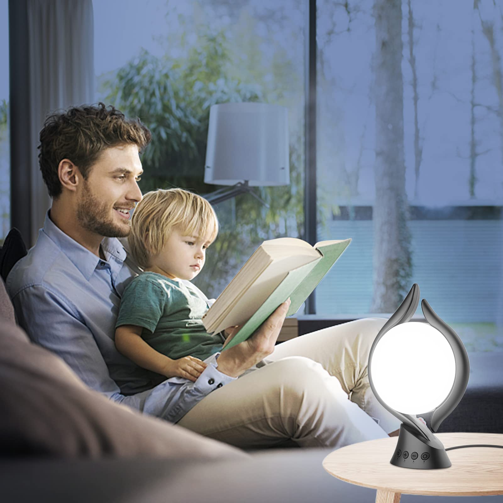 Voraiya lamp in use near laptop demonstrates memory and timer features.