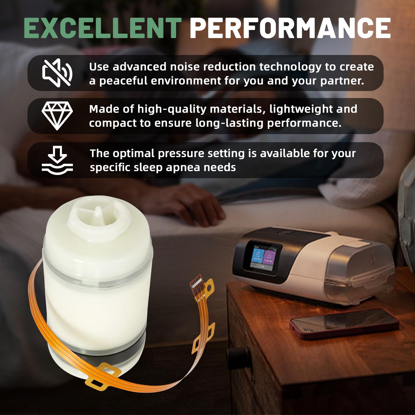 VORGENS CPAP motor blower shows adjustable pressure settings for customized breathing comfort.