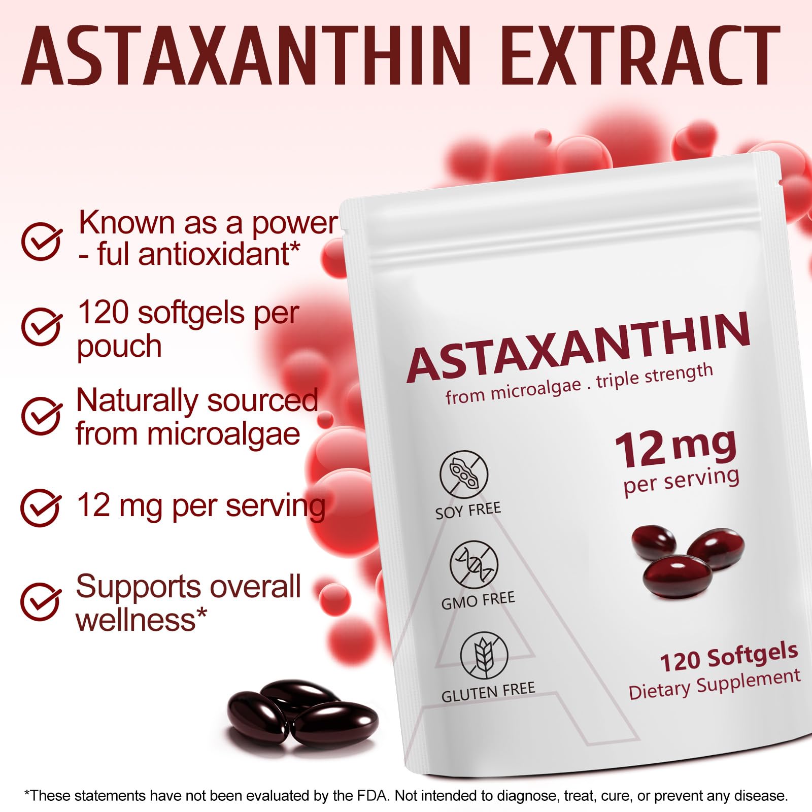 Vortexonix Astaxanthin bottle label emphasizes non-GMO and gluten-free ingredients.