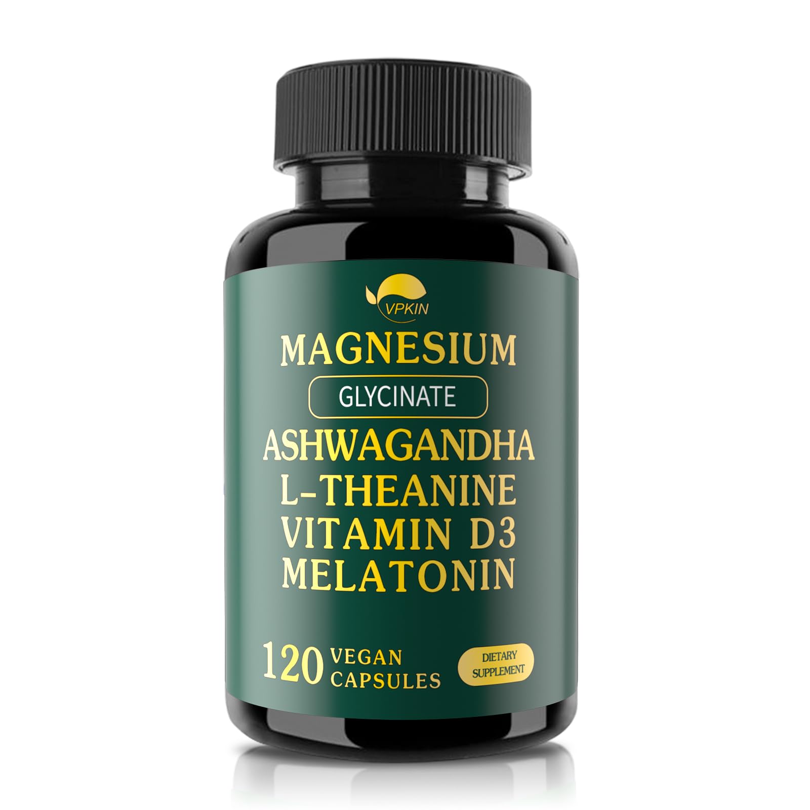 VPKIN Magnesium Ashwagandha bottle on a clean surface for daily calming support