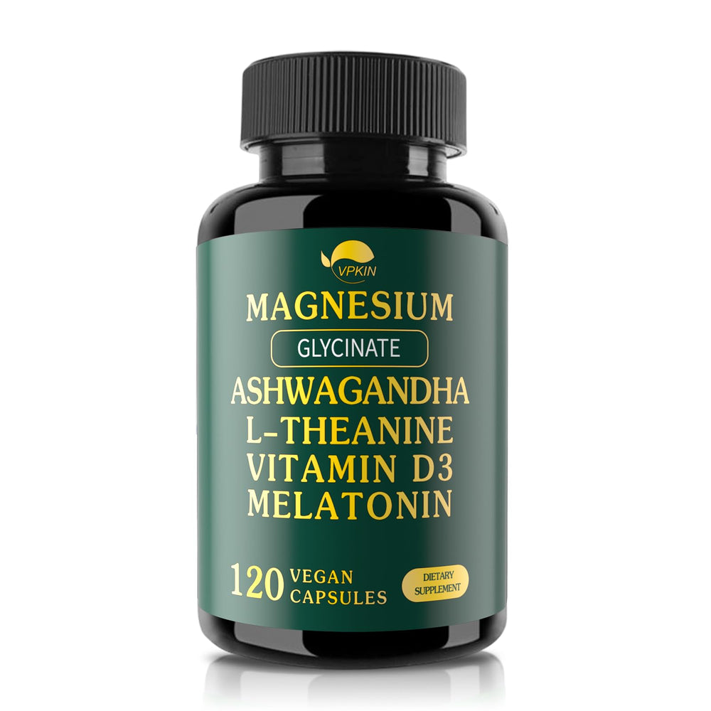VPKIN Magnesium Ashwagandha bottle on a clean surface for daily calming support