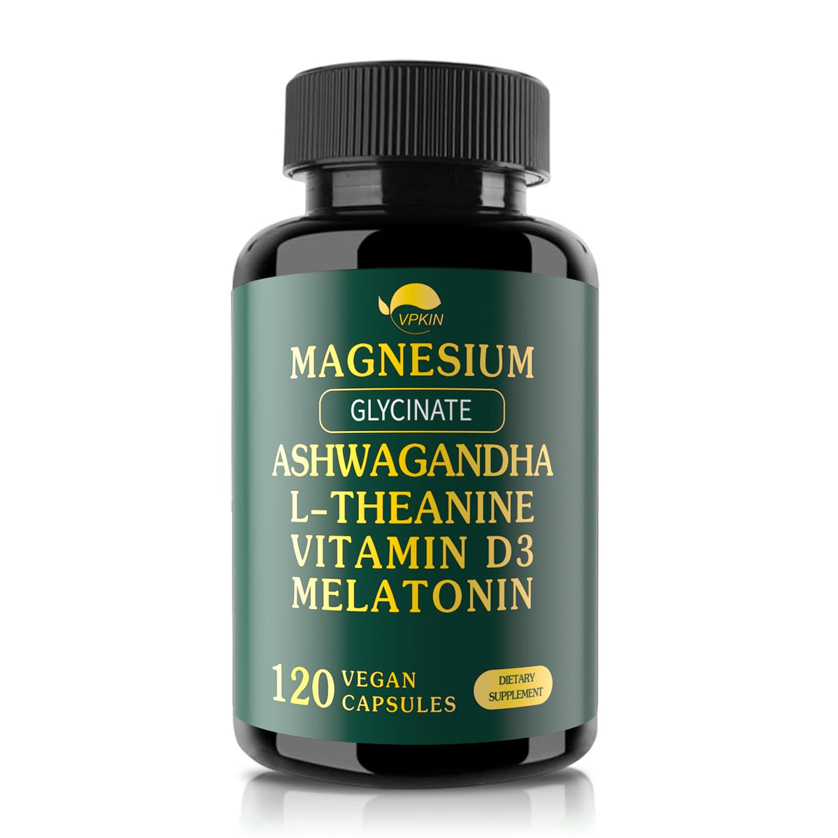 VPKIN Magnesium Ashwagandha bottle on a clean surface for daily calming support