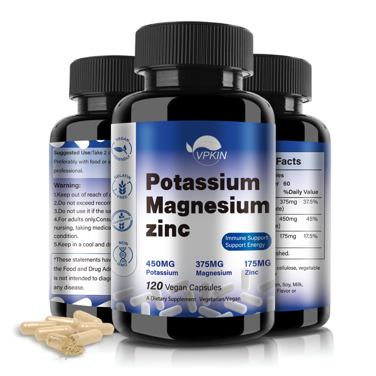 VPKIN Potassium Magnesium supplement bottle with capsules for daily vascular and nerve support