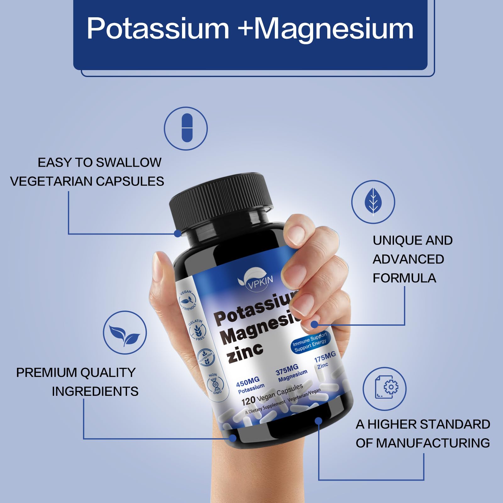 VPKIN Potassium Magnesium supplement label highlighting vegan and non-GMO ingredients