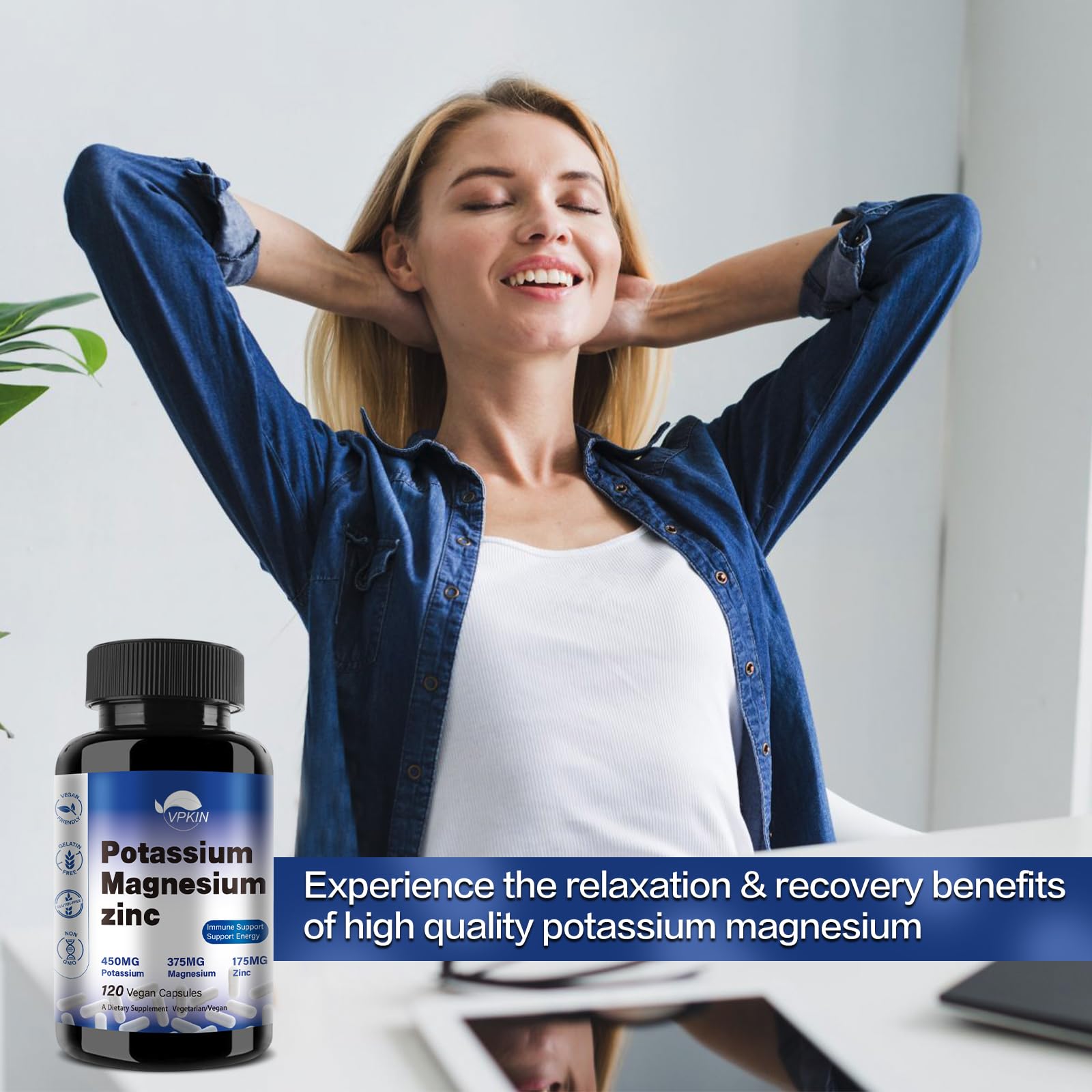 VPKIN Potassium Magnesium nutrition facts panel suggesting hydration balance and heart-friendly minerals