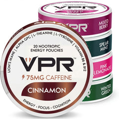 VPR Energy 75mg caffeine nootropic pouches pack front offering a compact focus boost