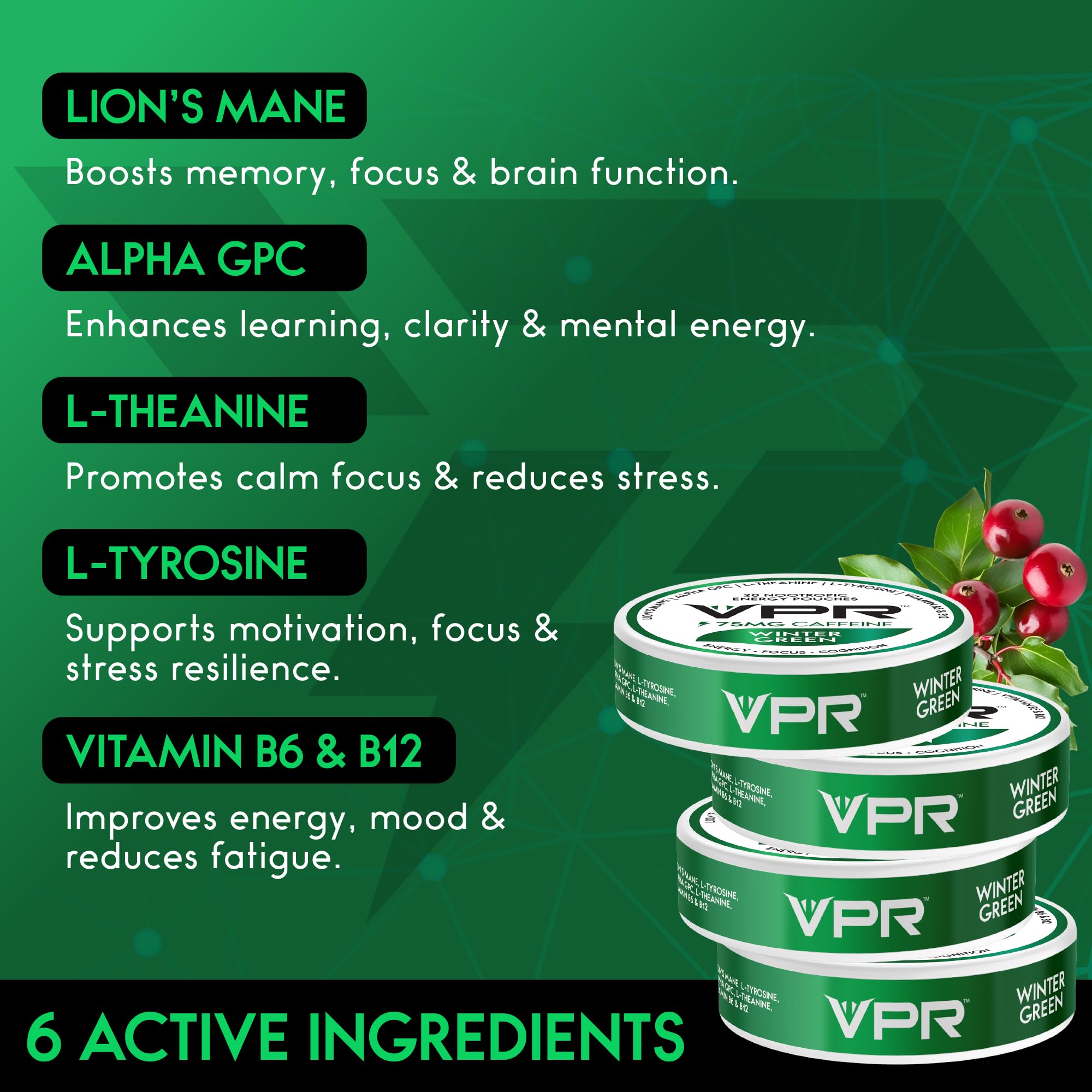 VPR Energy 75mg pouch closeup highlighting natural ingredients and crisp flavor