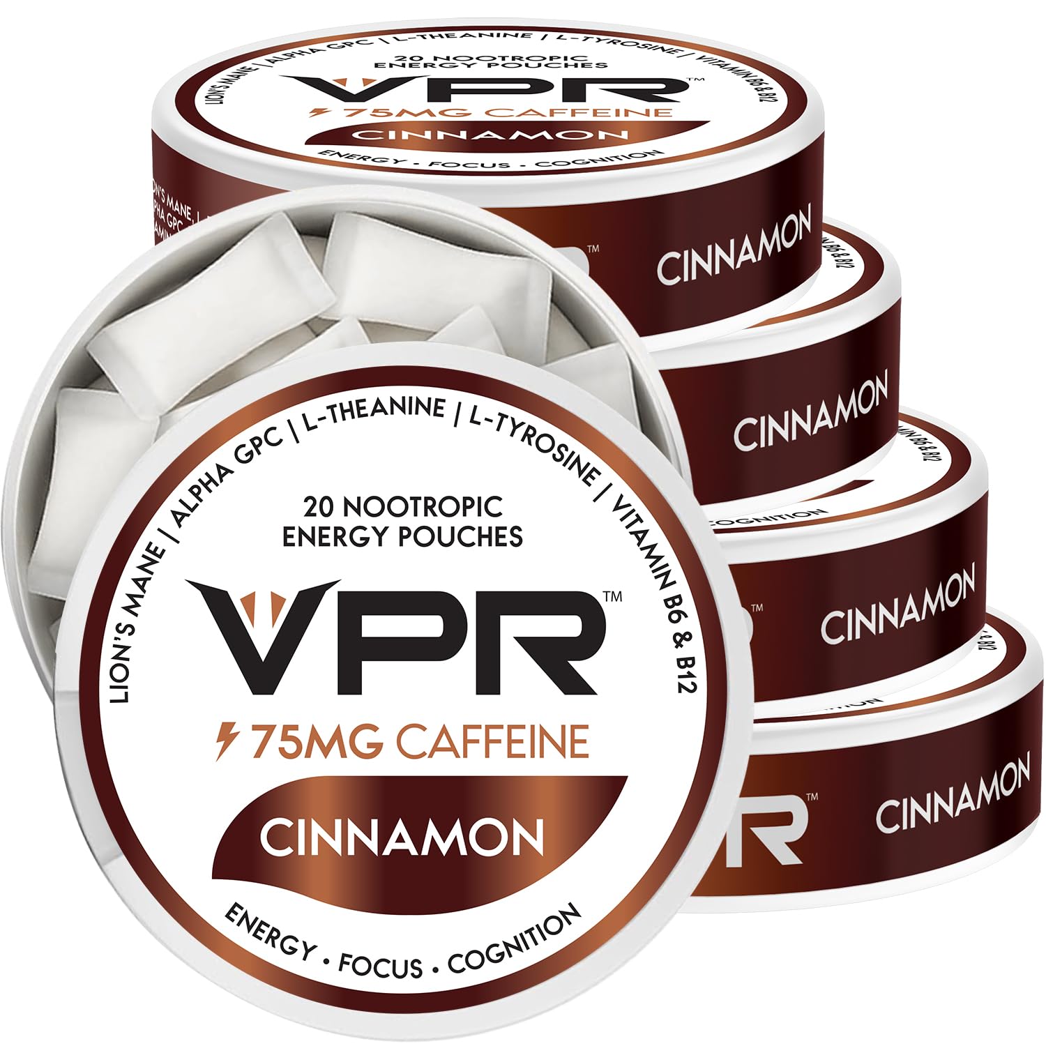 VPR Energy 75mg caffeine pouch close-up for focused energy