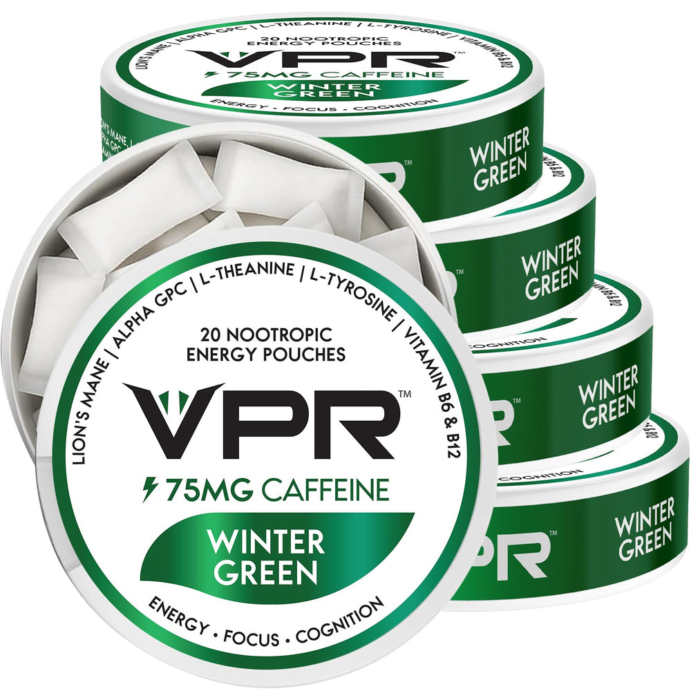 VPR Energy 75mg caffeine pouches front view for quick, focused energy on the go.