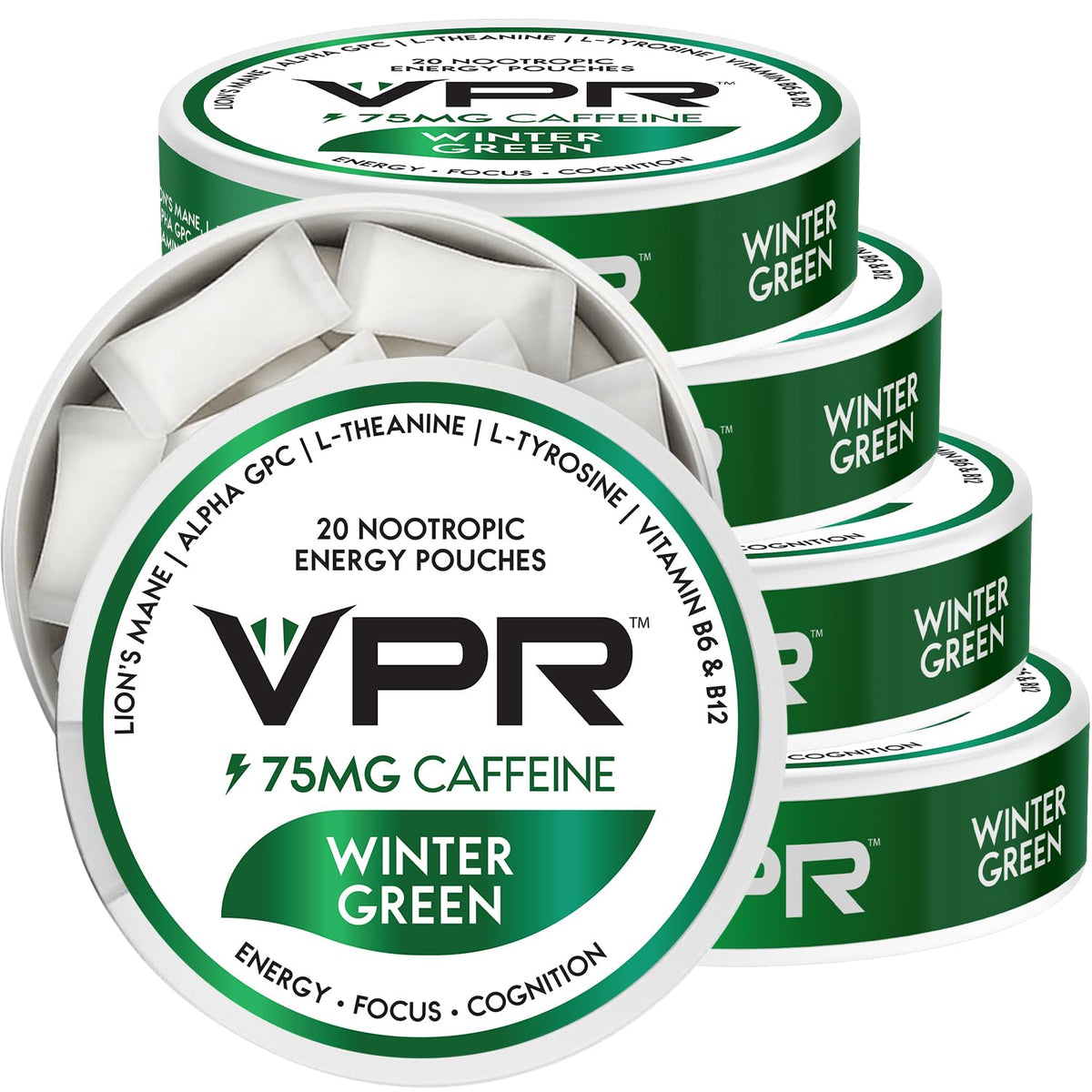 VPR Energy 75mg caffeine pouches front view for quick, focused energy on the go.