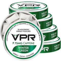 VPR Energy 75mg caffeine pouches front view for quick, focused energy on the go.