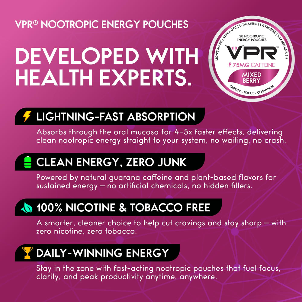 VPR Energy fast-acting gum format for quick mental boost on the go.