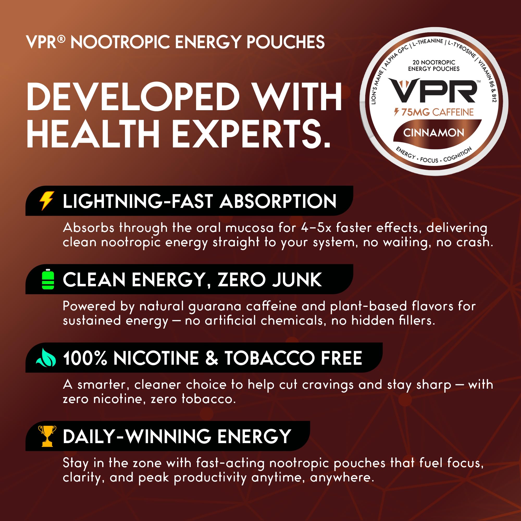 VPR Energy L-Tyrosine and L-Theanine indicating calm, steady focus