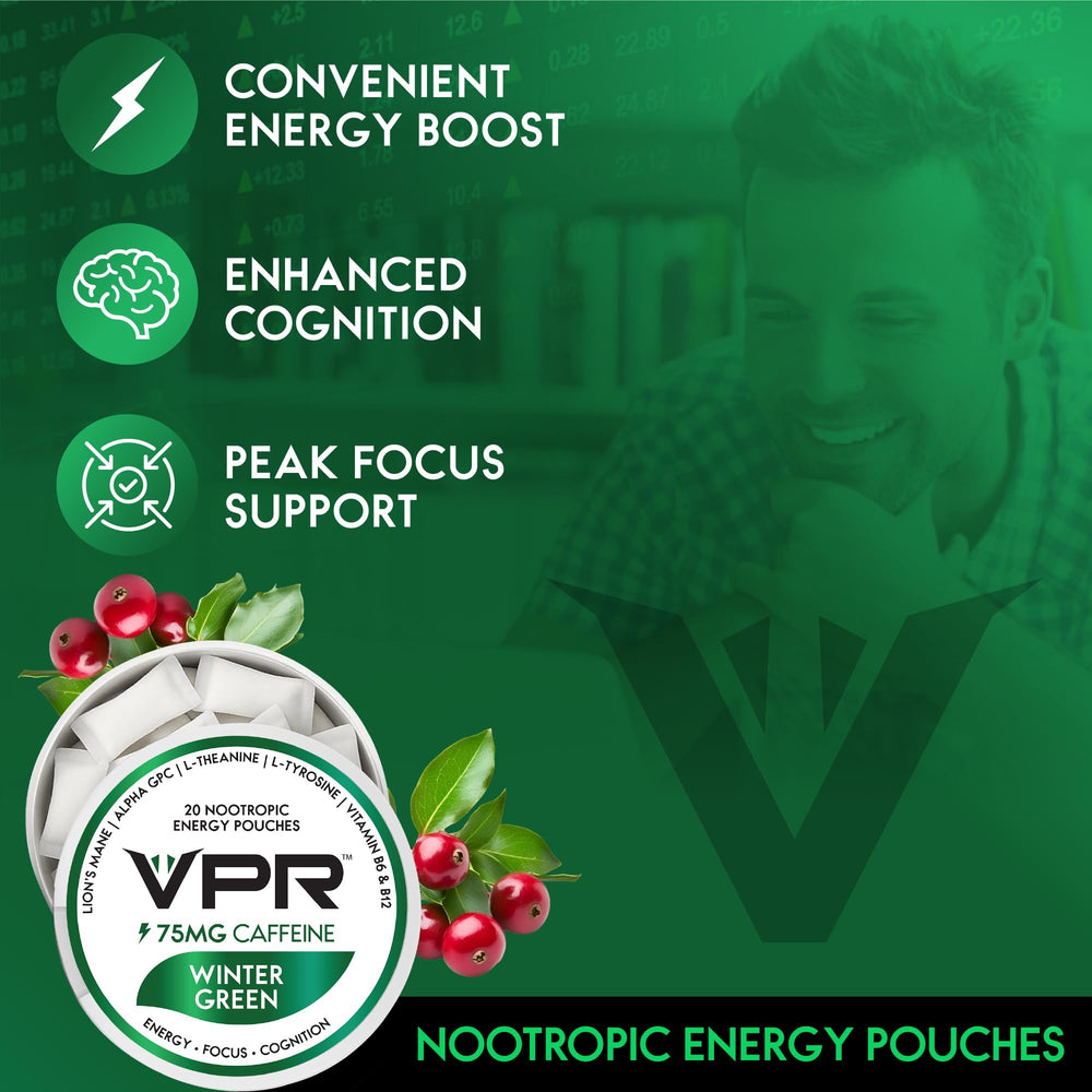 VPR Energy Lion's Mane nootropic formula close-up suggests clarity and focus.