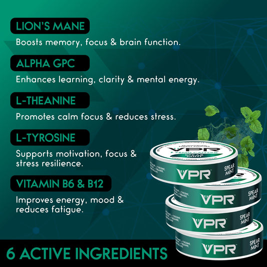 VPR Energy pouch close-up of ingredients showing natural nootropic blend