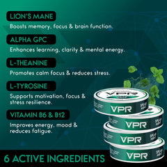 VPR Energy pouch close-up of ingredients showing natural nootropic blend