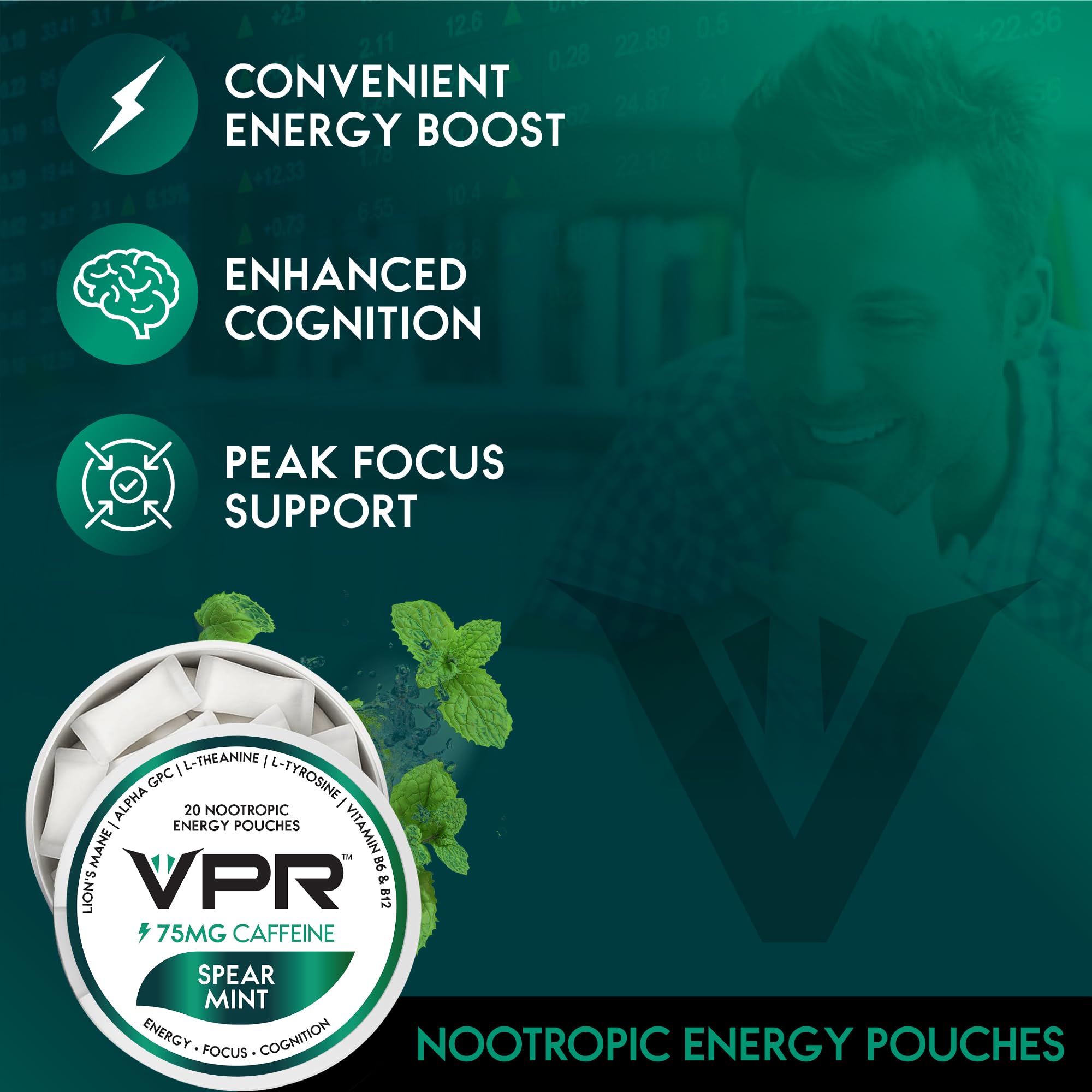 VPR Energy pouch in-hand display for portable on-the-go focus