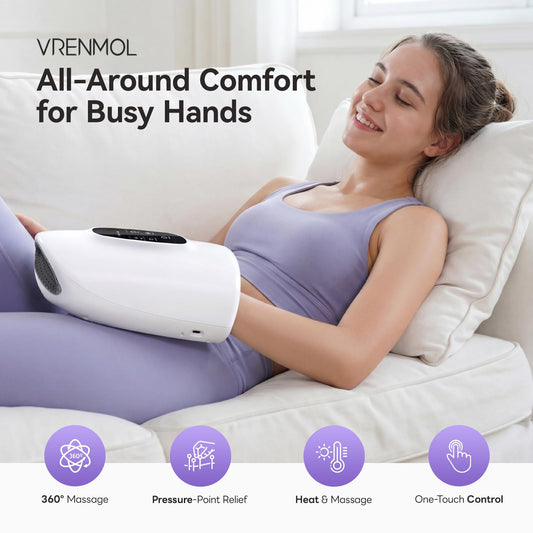 VRENMOL wrap-around hand massager showing all-around palm and wrist support